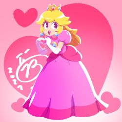 Rule 34 | 1girl, :d, absurdres, black eyes, blonde hair, blue gemstone, brooch, crown, dress, earrings, elbow gloves, eyelashes, full body, gem, gloves, hands up, heart, heart background, heart hands, highres, jewelry, leaning forward, lips, long dress, long hair, looking away, mario (series), mario party, mario party superstars, nintendo, open mouth, pac-man eyes, pink background, pink dress, pink lips, princess, princess peach, puffy short sleeves, puffy sleeves, short sleeves, smashtoons, smile, solo, teeth, upper teeth only, white gloves