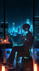 Rule 34 | 1boy, absurdres, ahoge, backpack, bag, blue pants, bracelet, brown hair, building, chair, city, city lights, cityscape, commentary, computer, cup, door, food, from side, glowing, highres, holding, holding cup, indoors, jewelry, lamp, laptop, male focus, meteor shower, night, night sky, orange sweater, original, pants, parfait, pasoputi, profile, scenery, short hair, sitting, sky, skyscraper, solo, star (sky), starry sky, sweater, sweets, table, watch, window, wristwatch
