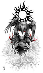 Rule 34 | 1girl, absurdres, bird girl, black gloves, black hair, black jacket, black wings, chiki yuuko, commentary request, epiphyllum, feathered wings, flower, gloves, greyscale, hair between eyes, hair ornament, head wings, highres, jacket, kemono friends, military jacket, monochrome, red eyes, solo, twintails, white flower, wings, yatagarasu (kemono friends)