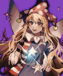 Rule 34 | 1girl, absurdres, american flag dress, blonde hair, blush, clownpiece, dress, fairy, fairy wings, hair between eyes, hat, heinrich (fernanderuddle), highres, jester cap, long hair, open mouth, polka dot, polka dot headwear, purple background, purple hat, red eyes, short sleeves, simple background, smile, solo, star (symbol), star print, striped clothes, striped dress, touhou, upper body, wings
