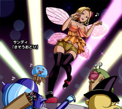 Rule 34 | 1girl, arrow (projectile), black thighhighs, blonde hair, bracelet, brown eyes, choker, dancer, dancing, dragon quest, dragon quest ix, fairy wings, gameplay mechanics, ghost (dragon quest), hayakawa pao, healslime, jewelry, lots of jewelry, necklace, sandy (dq9), short hair, square enix, thighhighs, wings