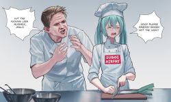 Rule 34 | 1boy, 1girl, alt text, aqua hair, arguing, blue eyes, blush, bowl, chef, chef hat, closed eyes, commentary, cooking, crying, cutting board, dialogue box, english commentary, english text, gordon ramsay, hat, hatsune miku, hell&#039;s kitchen, highres, holding, holding knife, knife, long hair, open mouth, profanity, real life, screaming, simple background, spring onion, sugoi dekai, vertigris, vocaloid
