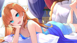 Rule 34 | 1girl, :d, artist request, artwhirl mahou gakuen no otome-tachi, bare arms, bare legs, barefoot, blue dress, blue eyes, blurry, blurry background, blush, brown hair, character request, collarbone, dress, game cg, head rest, legs up, long hair, looking at viewer, lying, on stomach, open mouth, pillow, shiny skin, short dress, smile, solo, strap slip, the pose, very long hair