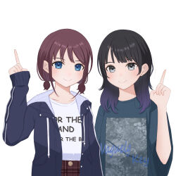 Rule 34 | absurdres, black eyes, black hair, blue eyes, blue jacket, blush, brown hair, closed mouth, collarbone, commentary request, earrings, girls band cry, gradient hair, highres, index finger raised, iseri nina, jacket, jewelry, long hair, long sleeves, looking at viewer, low twintails, multicolored hair, omochi tabeyo97, open clothes, open jacket, purple hair, real life, rina (voice actor), shirt, short hair, short twintails, simple background, sleeves past wrists, smile, stud earrings, twintails, upper body, voice actor, voice actor connection, white background, white shirt