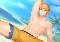 Rule 34 | 1boy, abs, absurdres, arm behind head, armpits, bara, bare pecs, beach, blonde hair, bulge, day, feet out of frame, granblue fantasy, highres, male focus, male swimwear, muscular, muscular male, navel, nipples, official alternate costume, orange male swimwear, outdoors, pectorals, shiny, shiny skin, short hair, sitting, solo, spiked hair, spread legs, stomach, swim briefs, swimwear, thick thighs, thighs, vane (granblue fantasy), zhineart