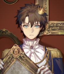 Rule 34 | 1boy, absurdres, belt, black hair, blue eyes, bow, crown, drawing (object), epaulettes, expressionless, fate/grand order, fate (series), formal, fujimaru ritsuka (male), fujimaru ritsuka (male) (halloween royalty), gloves, highres, holding, holding drawing, jacket, long sleeves, looking at viewer, male focus, mini crown, official alternate costume, rerheart, shirt, short hair, solo, upper body, white bow, white gloves