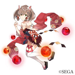 Rule 34 | 1girl, animal ears, armband, bare shoulders, bow, breasts, brown hair, cat&#039;s cradle, cat ears, chinese knot, clog sandals, collarbone, detached sleeves, falsehood, full body, green eyes, hair ornament, hairclip, highres, japanese clothes, looking at viewer, obi, okobo, orb, platform clogs, ponytail, sandals, sash, sega, short hair, sidelocks, simple background, small breasts, solo, string, string of fate, tabi, thighhighs, watermark, white background, white thighhighs, wide sleeves, world end eclipse