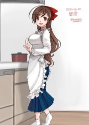 Rule 34 | 1girl, apron, blue skirt, bobokuboboku, brown hair, character name, commentary request, dated, full body, hair ornament, hair ribbon, hairclip, highres, kantai collection, kappougi, kitchen, long hair, long skirt, looking at viewer, mamiya (kancolle), one-hour drawing challenge, pleated skirt, pot, red eyes, ribbon, skirt, socks, solo, standing, twitter username, v, white socks