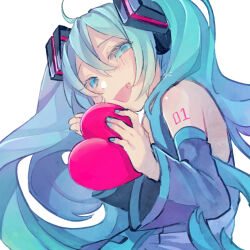 Rule 34 | 1girl, :d, ahoge, bare shoulders, black sleeves, blue eyes, blue hair, blue nails, blue necktie, blush, detached sleeves, hair between eyes, hair ornament, hatsune miku, headset, heart, highres, holding, holding heart, long hair, long sleeves, looking at viewer, nail polish, necktie, nuko 0108, number tattoo, open mouth, raised eyebrows, shirt, sidelocks, signature, simple background, sleeveless, sleeveless shirt, smile, solo, tattoo, twintails, upper body, vocaloid, white background, white shirt