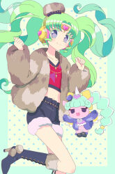 Rule 34 | 1girl, animal, black footwear, black shorts, boots, brown jacket, clothed animal, colored eyelashes, cropped shirt, falulu, falulu (awakened), forehead jewel, fur-trimmed boots, fur-trimmed shorts, fur hat, fur jacket, fur trim, green hair, grey eyes, hands up, hat, headphones, high heel boots, high heels, highres, jacket, jewelry, knee boots, ku (residual666), long hair, long sleeves, looking at viewer, midriff, mini hat, necklace, open clothes, open jacket, open mouth, outside border, parted bangs, polka dot, polka dot background, pretty series, pripara, red shirt, shirt, short shorts, shorts, sidelocks, smile, solo, standing, standing on one leg, twintails, unicorn, unicorn (pripara), very long hair