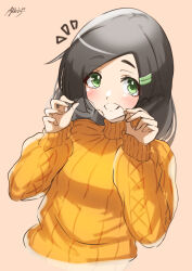 Rule 34 | 1girl, ^^^, alternate costume, ayuman, black hair, brown background, cropped torso, unworn eyewear, green eyes, hair ornament, hairclip, highres, kantai collection, kuroshio (kancolle), looking at viewer, one-hour drawing challenge, short hair, signature, smile, solo, sweater, upper body, yellow sweater