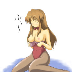 Rule 34 | 00s, 1girl, animal ears, asahina mikuru, bare arms, bare shoulders, bowtie, breasts, breasts out, brown pantyhose, closed eyes, closed mouth, fake animal ears, head down, large breasts, leotard, light brown hair, long hair, nipples, pantyhose, playboy bunny, rabbit ears, red bow, red bowtie, red leotard, shima-shuu, sidelocks, sitting, solo, straight hair, strapless, strapless leotard, suzumiya haruhi no yuuutsu, undressing, wariza, white background