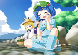 Rule 34 | 2girls, ^ ^, basket, blonde hair, blue eyes, blue hair, blue sky, blush, boots, closed eyes, cloud, cucumber, day, eating, closed eyes, female focus, hair bobbles, hair ornament, hair ribbon, hand on own cheek, hand on own face, haruna mao, hat, kawashiro nitori, key, lens flare, moriya suwako, mountain, multiple girls, open mouth, outdoors, pants, ribbon, rubber boots, shirt, sitting, skirt, skirt set, sky, smile, touhou, tree, twintails, two side up, water