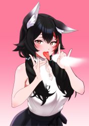 Rule 34 | 1girl, \m/, animal ears, bare shoulders, black hair, blush, breasts, brown eyes, double fox shadow puppet, fox shadow puppet, gradient background, hair ornament, hairclip, heart, heart-shaped pupils, highres, hololive, invisible penis, jewelry, looking at viewer, multicolored hair, necklace, ookami mio, ookami mio (street), open mouth, red hair, solo, symbol-shaped pupils, tongue, tongue out, twintails, two-tone hair, virtual youtuber, wolf ears, zabudog777