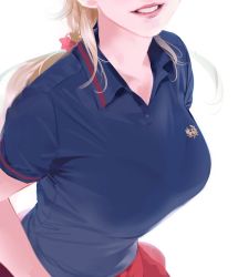 Rule 34 | 1girl, bad id, bad twitter id, blonde hair, blue shirt, breasts, collarbone, hair behind ear, medium breasts, original, parted lips, polo shirt, realistic, red skirt, shirt, simple background, skirt, smile, solo, unfinished, white background, yd (orange maru)