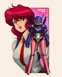 Rule 34 | 1girl, absurdres, armor, breasts, bubblegum crisis, collared shirt, copyright name, dated, david liu, full body, green eyes, highres, long hair, long sleeves, medium breasts, multiple views, necktie, nene romanova, open mouth, power armor, red hair, red necktie, shirt, signature, smile, straight-on, white shirt
