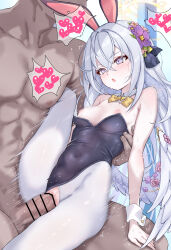 Rule 34 | 1boy, 1girl, :o, absurdres, alternate costume, azusa (blue archive), bar censor, blue archive, blush, breasts, censored, clothed female nude male, daram (shappydude), flower, grey hair, hair between eyes, hair flower, hair ornament, halo, hetero, highres, leotard, long hair, medium breasts, motion lines, nipples, nude, pantyhose, penis, playboy bunny, pussy, sex, torn clothes, torn pantyhose, vaginal, white pantyhose, yellow halo