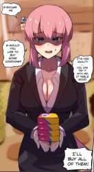 Rule 34 | 1girl, aged up, blue eyes, blush, bocchi the rock!, breasts, business suit, cleavage, condom box, cube hair ornament, english text, formal, gotoh hitori, hair between eyes, hair ornament, highres, hinghoi, holding, large breasts, long hair, open mouth, pink hair, ponytail, shaded face, solo, suit, very long hair