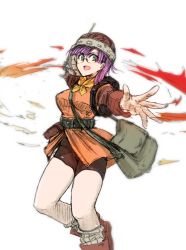 Rule 34 | 1girl, a0midori, bag, belt, bike shorts, blue eyes, chrono trigger, glasses, helmet, looking at viewer, lucca ashtear, magic, open mouth, purple hair, scarf, short hair, shoulder bag, simple background, smile, solo, soxkyo, white background