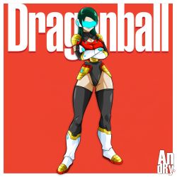 Rule 34 | 1girl, absurdres, armor, artist name, blue-tinted eyewear, boots, breasts, cameltoe, cleavage, commission, crossed arms, dragon ball, dragonball z, english text, facing viewer, female focus, fingerless gloves, full body, gloves, green hair, highres, kaosmerah, long hair, saiyan, scouter, smile, solo, standing, thighhighs, thighs, tinted eyewear, visor