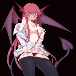 Rule 34 | 1girl, black background, black pantyhose, blush, breasts, clothes pull, demon girl, demon tail, demon wings, embodiment of scarlet devil, female focus, groin, gyo, head wings, koakuma, large breasts, long hair, navel, nipples, off shoulder, panties, pantyhose, red eyes, red hair, shirt, solo, sweat, tail, tongue, touhou, underwear, wings