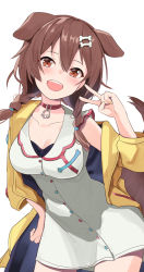 Rule 34 | 1girl, :d, absurdres, animal ears, blush, braid, breasts, brown eyes, brown hair, cleavage, collar, dog ears, dog tail, dress, hair ornament, hairclip, highres, hololive, inugami korone, inugami korone (1st costume), jacket, long hair, looking at viewer, medium breasts, nail polish, open mouth, simple background, smile, solo, tail, teeth, twin braids, v, virtual youtuber, white background, yellow nails, yuuzuki (re&#039;ef)