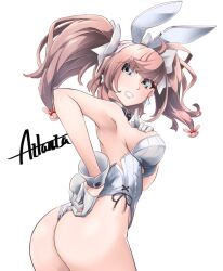 Rule 34 | animal ears, ass, atlanta (kancolle), back, bow, bowtie, breasts, brown hair, character name, covered navel, detached collar, earrings, fake animal ears, gloves, grey eyes, jewelry, kantai collection, large breasts, leotard, long hair, looking at viewer, looking back, playboy bunny, rabbit ears, rabbit tail, ribbed leotard, side-tie leotard, simple background, smile, star (symbol), star earrings, strapless, strapless leotard, tail, traditional bowtie, two side up, udukikosuke, white background, white gloves, white leotard, wrist cuffs