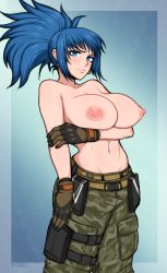 Rule 34 | 1girl, afrobull, bad id, bad pixiv id, bare shoulders, blue eyes, blue hair, breasts, cargo pants, commentary, embarrassed, gloves, highres, jewelry, large breasts, leona heidern, midriff, narrow waist, navel, nipples, pants, ponytail, serious, soldier, solo, the king of fighters, the king of fighters xiv, topless
