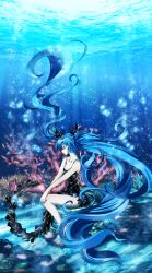 Rule 34 | 1girl, bad id, bad pixiv id, blue eyes, blue hair, bubble, coral, dress, floating hair, hatsune miku, highres, long hair, matching hair/eyes, purlchite, shinkai shoujo (vocaloid), sitting, solo, submerged, twintails, underwater, very long hair, vocaloid, wet, wet clothes