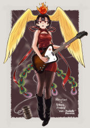 Rule 34 | 1girl, absurdres, belt, black footwear, black hair, boots, dress, guitar, hair ornament, hi no tori (kemono friends), highres, instrument, kemono friends, kemono friends 3, long hair, looking at viewer, open mouth, pantyhose, red dress, red eyes, ribbon, simple background, solo, tail, toriny, wings