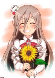 Rule 34 | blush, closed eyes, facing viewer, flower, grey hair, hair between eyes, hat, highres, holding, holding flower, kantai collection, long hair, mini hat, pola (kancolle), sazamiso rx, shirt, signature, smile, solo, sunflower, upper body, wavy hair, white shirt