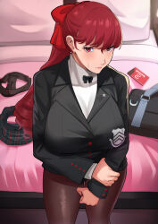 Rule 34 | 1girl, absurdres, angry, bag, bed, black jacket, black skirt, blazer, bow, breasts, brown pantyhose, commentary request, condom box, dnumde, forced, glaring, hair bow, highres, holding own arm, imminent penetration, imminent rape, indoors, jacket, large breasts, light frown, long hair, long sleeves, looking at viewer, panties, pantyhose, persona, persona 5, persona 5 the royal, plaid, plaid skirt, ponytail, red bow, red eyes, red hair, school bag, school emblem, school uniform, shuujin academy school uniform, skirt, solo, sweatdrop, underwear, unworn panties, unworn skirt, yoshizawa kasumi