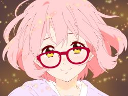 Rule 34 | 1girl, blush, commentary request, facing viewer, glasses, highres, kuriyama mirai, kyoukai no kanata, looking at viewer, maou (ajtdmw369), pink hair, red-framed eyewear, short hair, smile, solo, translation request, upper body, yellow eyes