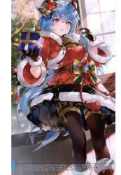 Rule 34 | 1girl, absurdres, ahoge, alternate costume, bell, belt, black gloves, blue hair, blush, box, breasts, brown pantyhose, cloud retainer (genshin impact), dress, fur-trimmed dress, fur-trimmed jacket, fur trim, ganyu (genshin impact), genshin impact, gift, gift box, gloves, hair ornament, highres, holding, holding gift, horns, jacket, large breasts, long hair, long sleeves, looking at viewer, neck bell, open mouth, pantyhose, purple eyes, red dress, red jacket, santa dress, scan, sidelocks, solo, soraneko hino, standing, thighlet, vision (genshin impact), wide sleeves, xianyun (genshin impact)