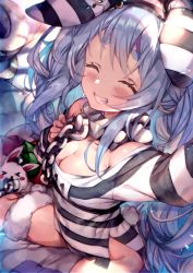 Rule 34 | 1girl, ^ ^, animal ears, blue hair, blush, braid, breasts, chain, cleavage, clenched teeth, closed eyes, collar, commentary, english commentary, hololive, long hair, long sleeves, medium breasts, multicolored hair, official alternate costume, prison clothes, rabbit ears, rabbit girl, rabbit tail, redcomet, shirt, sitting, smile, solo, striped clothes, striped headwear, striped shirt, teeth, thick eyebrows, twin braids, two-tone hair, usada pekora, usada pekora (prisoner), virtual youtuber, white hair