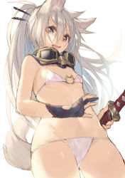 Rule 34 | 1girl, animal ears, bikini, breasts, cowboy shot, fox ears, fox girl, fox tail, gloves, goggles, goggles around neck, hair between eyes, hair ornament, hair stick, katou itsuwa, long hair, looking at viewer, lowleg, lowleg bikini, o-ring, o-ring bikini, o-ring top, original, partially fingerless gloves, grey eyes, silver hair, simple background, sketch, small breasts, solo, swimsuit, sword, tail, weapon, white background