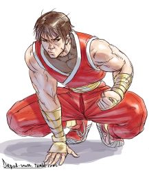 Rule 34 | 1boy, armor, brown hair, capcom, clenched hand, diepod, final fight, guy (final fight), hand wraps, japanese armor, kote, male focus, muscular, ninja, shoes, short hair, sleeveless, sneakers, solo, squatting, street fighter, wrist wrap