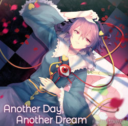 Rule 34 | 1girl, album name, arm up, black hairband, blouse, blue shirt, buttons, circle name, expressionless, hair between eyes, hair ornament, hairband, hand on own chest, hand on own head, heart, heart button, heart hair ornament, komeiji satori, long sleeves, looking at viewer, lying, meilynn-hayakan, on back, parted lips, petals, pink eyes, pink hair, pink skirt, red eyes, rose petals, shirt, short hair, skirt, solo, stained glass, third eye, touhou, wide sleeves