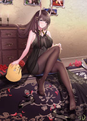 Rule 34 | 1girl, absurdres, azur lane, black footwear, black pantyhose, breasts, brown hair, cabinet, candle, check commentary, cleavage, commentary request, flower, hair ornament, hand on another&#039;s head, headpat, high heels, highres, horns, large breasts, long hair, manjuu (azur lane), nanoda002 (saber427), noshiro (azur lane), noshiro (xanadu&#039;s eventide) (azur lane), oni horns, pantyhose, purple eyes, red flower, red rose, rose, shoes, sideboob, solo, unworn shoe, unworn shoes, x hair ornament