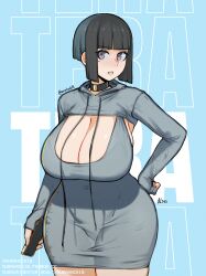 Rule 34 | 1girl, absurdres, aurahack, black hair, blue background, blunt bangs, breasts, cellphone, character name, cleavage, cleavage cutout, clothing cutout, collar, cowboy shot, curvy, drawstring, fanbox username, film grain, hand on own hip, highres, huge breasts, lips, looking at viewer, medium hair, mole, mole under eye, original, phone, purple eyes, shadow, sidelocks, sleeves past wrists, smartphone, solo, straight hair, subscribestar username, tera (aurahack), thick thighs, thighs, twitter username, watermark, web address, wide hips