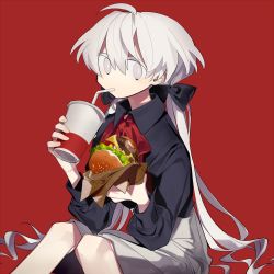 Rule 34 | 1girl, absurdres, ahoge, black bow, black shirt, bow, bright pupils, burger, collared shirt, commentary request, cup, disposable cup, drinking, drinking straw, food, grey eyes, grey skirt, hair bow, higa423, highres, holding, holding cup, holding food, long hair, long sleeves, looking at viewer, neck ribbon, original, red background, red ribbon, ribbon, shirt, simple background, sitting, skirt, solo, twintails, white hair