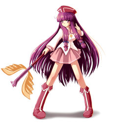Rule 34 | 1girl, alternate costume, behoimi, boots, cosplay, female focus, full body, hat, hexagram, knee boots, long hair, pani poni dash!, parody, patchouli knowledge, pentacle, pink footwear, purple hair, solo, standing, tdk, touhou, wand, white background