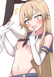 Rule 34 | 1girl, absurdres, black hairband, black neckerchief, black panties, blonde hair, blue sailor collar, blue skirt, breasts, clothes lift, crop top, elbow gloves, gloves, grey eyes, hairband, highleg, highleg panties, highres, kantai collection, long hair, neckerchief, no bra, panties, sailor collar, shimakaze (kancolle), shirt lift, skirt, small breasts, solo, tiemu (man190), underwear, upper body, white gloves