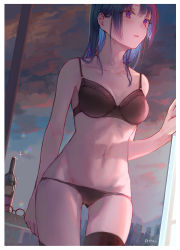 Rule 34 | 1girl, absurdres, alcohol, artist name, asymmetrical legwear, bare arms, bare shoulders, black bra, black panties, black thighhighs, blue hair, blush, bottle, bra, breasts, building, cameltoe, city, cloud, collarbone, cowboy shot, evening, glasses, hand up, highres, kayakooooo, long hair, md5 mismatch, navel, original, panties, parted lips, pink eyes, red-framed eyewear, resolution mismatch, revision, round eyewear, sidelocks, sky, small breasts, solo, source larger, standing, stomach, thighhighs, underwear, underwear only, uneven legwear