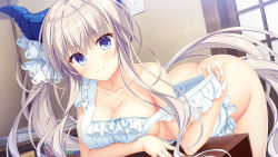 Rule 34 | 1girl, apron, apron pull, arm under breasts, ass, bent over, blush, breasts, cleavage, clothes pull, dragon girl, dragon horns, drapri guu-ta-life, game cg, horns, indoors, iris (drapri guu-ta-life), large breasts, long hair, naked apron, off shoulder, official art, photoshop (medium), smile, solo, takano yuki (allegro mistic), very long hair, white apron, white hair