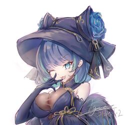 Rule 34 | 1girl, :3, aqua eyes, aqua hair, azur lane, bare shoulders, black hat, blue hair, breast poke, breasts, cheshire (azur lane), cheshire (cait sith crooner) (azur lane), china dress, chinese clothes, cleavage, dated, dress, elbow gloves, fedora, flower, gloves, hair net, hat, hat flower, kirituka yuuka, large breasts, looking at viewer, medium hair, multicolored hair, official alternate costume, one eye closed, open mouth, poking, purple dress, see-through, see-through cleavage, signature, simple background, sketch, smile, solo, streaked hair, upper body