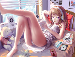 Rule 34 | 1girl, alarm clock, arm behind head, bare legs, bare shoulders, barefoot, blanket, book, brand name imitation, breasts, brown hair, cable, cameltoe, camisole, cd, cd case, cellphone, cellphone charm, charm (object), clock, expressionless, feet, food, headphones, holding, indoors, knees up, leg up, legs, long hair, looking at viewer, lying, magazine (object), miniskirt, mouth hold, on back, on bed, original, panties, pantyshot, phone, pillow, pleated skirt, pocky, poo (saku), pooh, poster (object), purple eyes, shorts, skirt, small breasts, solo, speaker, stuffed animal, stuffed toy, sunlight, underwear, white panties, white skirt, window, window blinds, window shadow, winnie the pooh