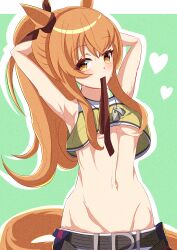 Rule 34 | 1girl, 96dai 0313, absurdres, alternate hairstyle, animal ears, armpits, arms up, bare shoulders, belt, black bow, blue background, blush, bow, breasts, commentary request, dog tags, ear bow, groin, hair between eyes, highres, horse ears, horse girl, horse tail, long hair, mayano top gun (umamusume), medium breasts, midriff, mouth hold, navel, orange eyes, orange hair, parted lips, ponytail, shirt, simple background, sleeveless, sleeveless shirt, solo, tail, two-tone background, two side up, umamusume, underboob, white background, yellow shirt