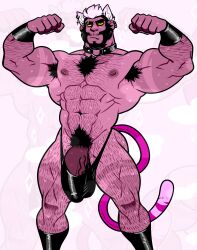 1boy absurdres animal_ears armpit_hair armpits bara beard biceps black_hair boots bulge cat_ears cat_tail dark_skin double_biceps_pose earrings extra_ears facial_hair flaccid flexing highres huge_pectorals jewelry leather leather_boots looking_at_viewer male_focus male_swimwear manly mature_male michopanq multicolored_hair muscular muscular_male nipples original pectorals penis piercing pink_background pubic_hair simple_background solo sweat sweatdrop swim_briefs tail tan tanline thick_arms thick_eyebrows thick_thighs thighs veins white_hair wristband yellow_eyes
