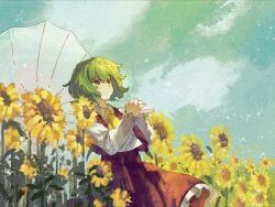 Rule 34 | 1girl, ascot, collared shirt, commentary, field, flower, flower field, ge dazuo, green hair, highres, holding, holding umbrella, kazami yuuka, long sleeves, looking up, open clothes, open vest, red eyes, red skirt, red vest, shirt, short hair, signature, skirt, skirt set, solo, sunflower, sunflower field, touhou, umbrella, vest, white shirt, yellow ascot, yellow flower